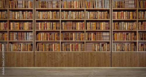 Panorama old books on wooden shelf in book shop or library.3d rendering photo