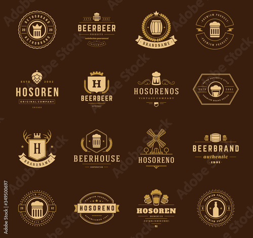 Vintage craft beer logos and badges with barrels with beer glass mugs symbols vector illustration