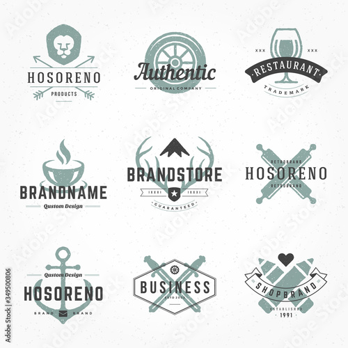 Vintage logos and badges typographic design with hand drawn style silhouettes and symbols set vector illustration
