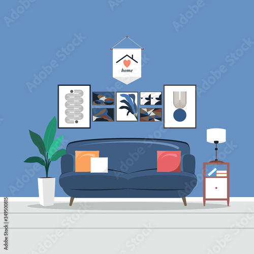 Interior of the living room. Vector banner. Design of a cozy room with sofa, window and decor accessories. Vector illustration about interior