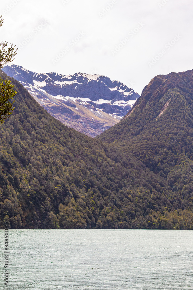 Snowy peaks over the lake. Landscapes of Lake Gunn. New Zealand