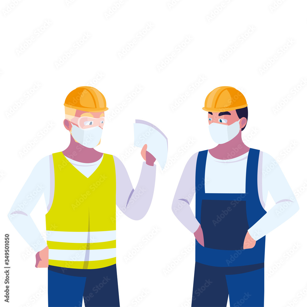 men operators with masks and reflective vests men operators with masks and reflective vests