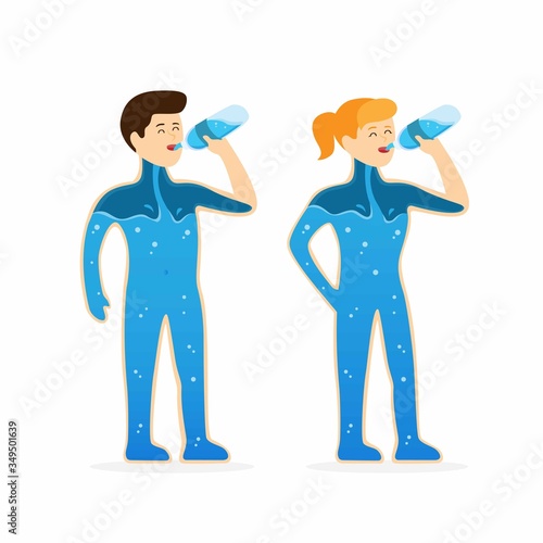 man and woman drinking water from bottle, human body with water to stop thirsty and dehydration in cartoon flat illustration vector isolated in white background