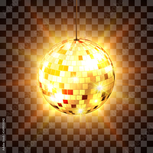 Golden disco ball with light rays isolated on transparent background. Vector illustration.