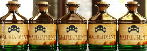 Maltreatment can be like a deadly poison - pictured as word Maltreatment on toxic bottles to symbolize that Maltreatment can be unhealthy for body and mind, 3d illustration photo