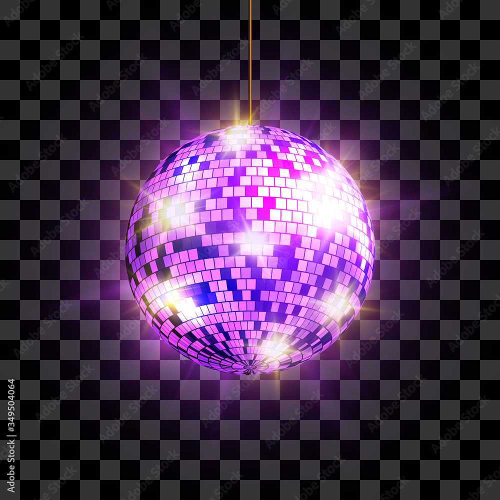 Disco ball with light rays isolated on transparent background. Vector