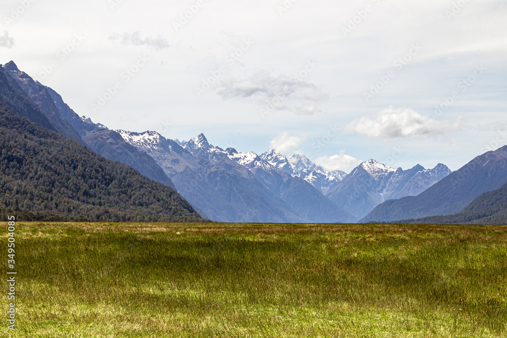 Fields and distant snowy mountains on the road to Fiordland National Park. South Island, New Zealand