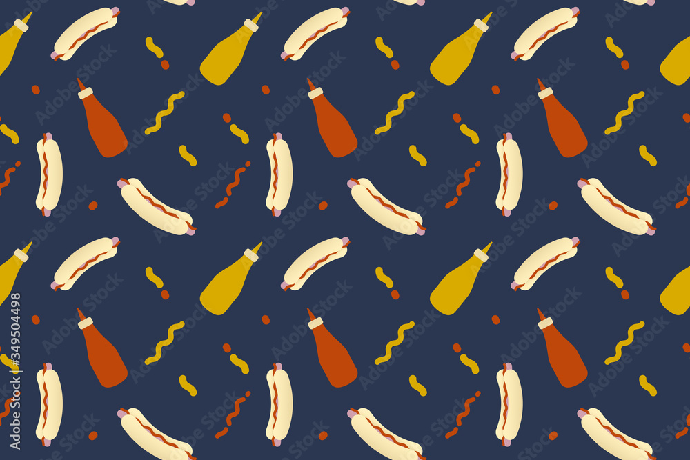 Dark blue seamless pattern with hot-dog and sauce. fast food pattern for a bar or cafe. Hot dogs, ketchup, and mustard.Vector illustration Dark blue seamless pattern with hot-dog and sauce. fast food pattern for a bar or cafe. Hot dogs, ketchup, and mustard.Vector illustration