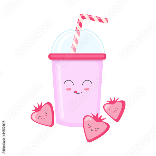Fresh strawberry drink. Smoothie or milkshake vector illustration in kawaii style with smiley face isolated on white background. Pink plastic cup with strawberries and straw.