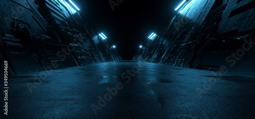 Fototapeta Naklejka Na Ścianę i Meble -  Neon Blue Dark Metal Schematic Textured Alien Spaceship Warehouse Tunnel Corridor Hallway Triangle Shaped Empty Rough Cement Concrete Asphalt Background 3D Rendering