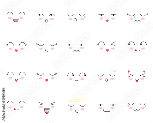 Set of 20 cute faces kawaii emoticons icon vector set. Characters and emoji, lovely icons cartoon design. Funny cartoon faces. Isolated icons on white background. vector illustration.