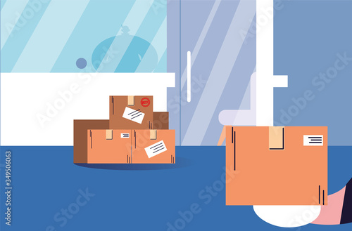 contactless delivery, boxes of purchases stand at the door