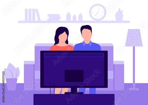 Family young couple man and woman sitting on sofa at home and watching TV. Living room interior. Rest, recreation, spending time on isolation and quarantine. Vector illustration