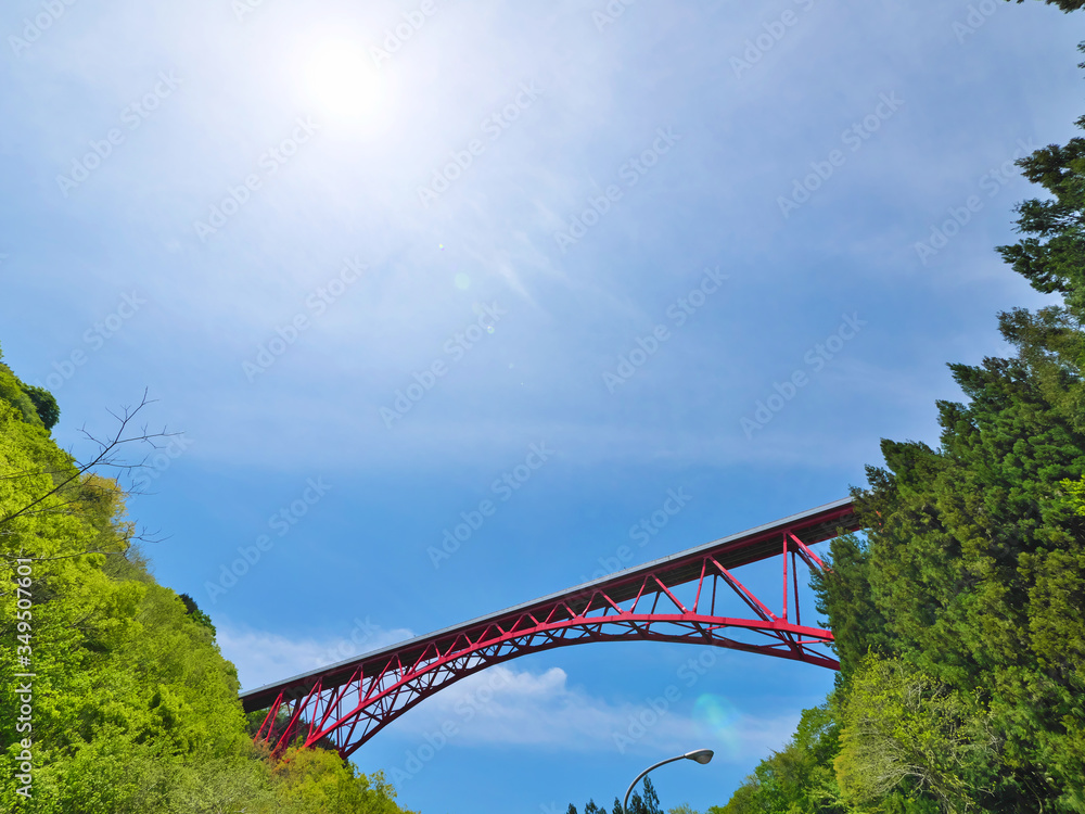 Fototapeta premium 青空と山の中の赤い橋