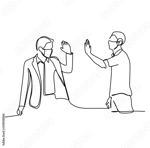 One line drawing illustration of two people doing social distancing and wearing protective surgical mask while meet each other to prevent the spreading of covid-19 virus