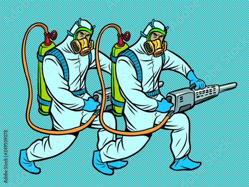 Specialists disinfect in protective suits