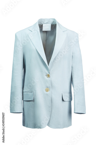 Elegant women's jacket made of thick light blue fabric, isolated on a white background on a transparent mannequin.