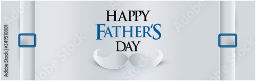 Father's Day background for holiday banner greeting design, poster, flyer. white background, white mustache, suspenders, glasses. Empty space for text, paper cutout style, vector illustration