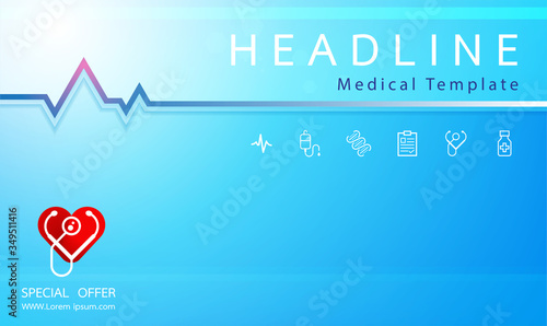 Healthcare and Medicine Vector Banner Template with Line Icons. Header, Website.Template design with concept and idea for healthcare technology, health, science and research.
