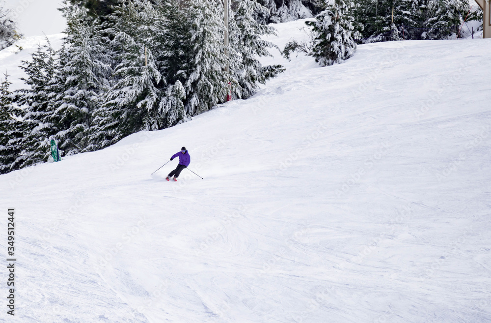 Full length of skier skiing on fresh powder snow. Man skier running downhill on sunny Alps slope