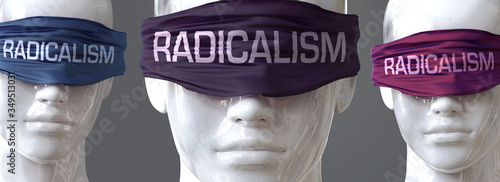 Radicalism can blind our views and limit perspective - pictured as word Radicalism on eyes to symbolize that Radicalism can distort perception of the world, 3d illustration photo