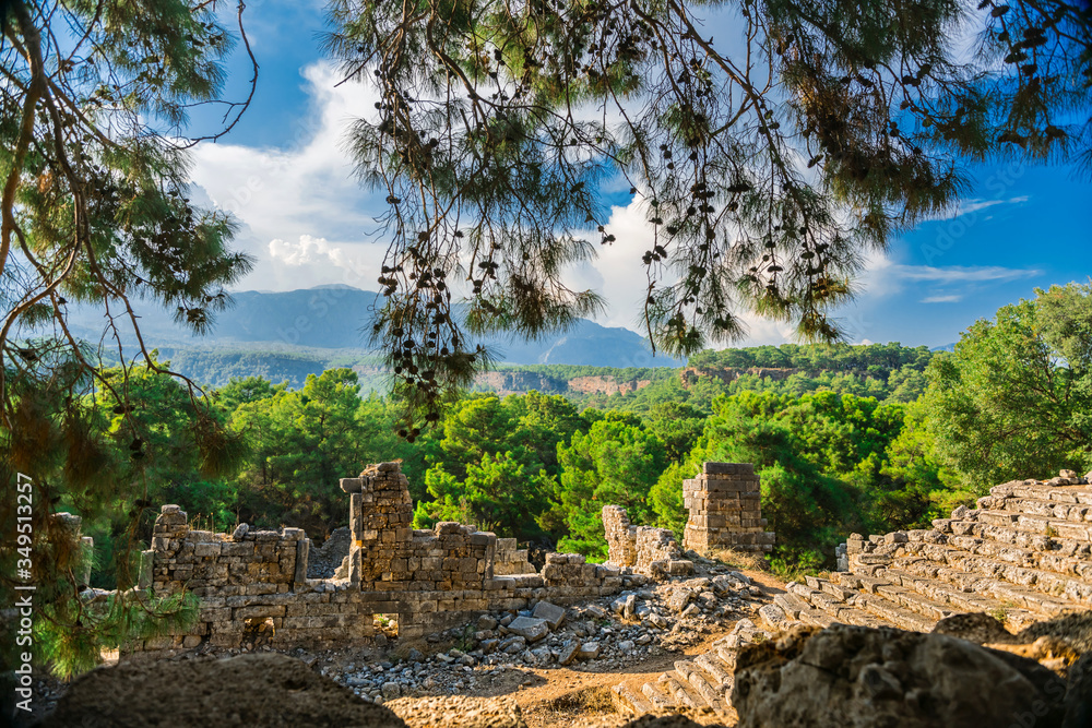 Destroyed Roman amphitheater in the ancient city of Phaselis, Turkey, Kemer, Tekirova. Ancient ruins and majestic pines on a clear Sunny day.