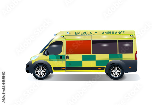 City ambulance with shadow. Varian UK. Side view from the point of view. illustration