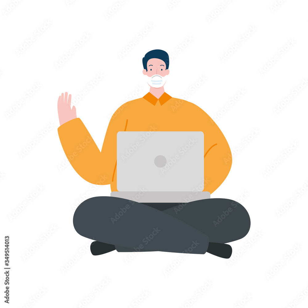 man using face mask with laptop isolated icon vector illustration design man using face mask with laptop isolated icon vector illustration design