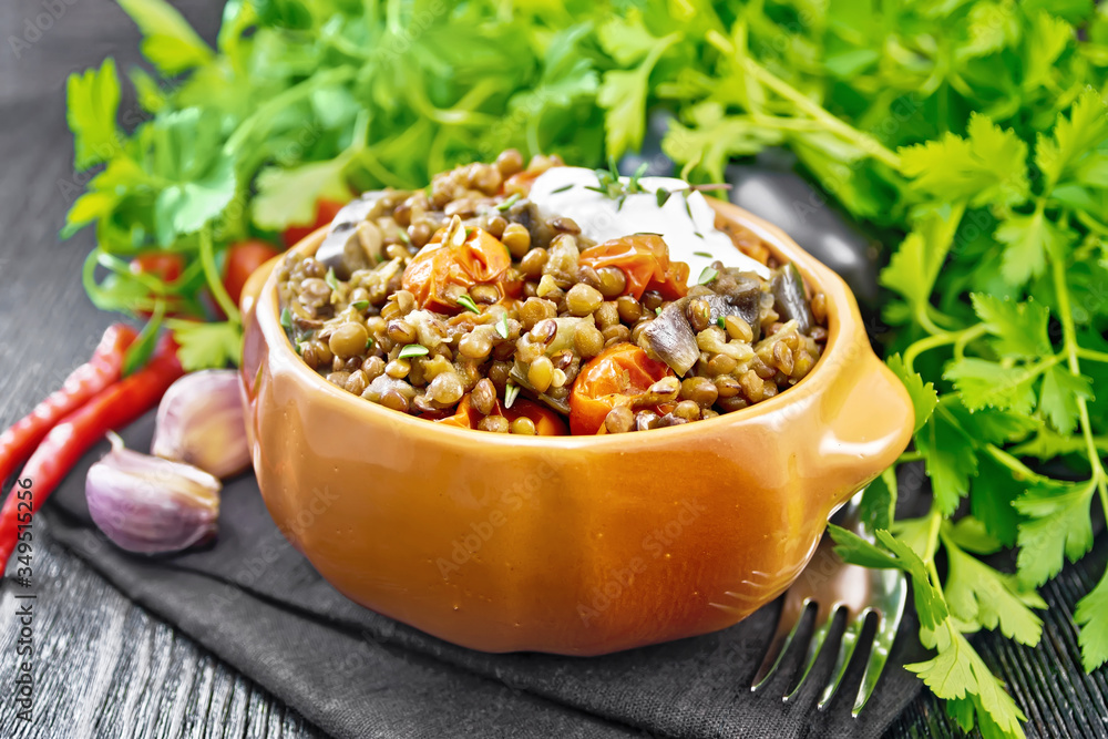 Lentils with eggplant and tomatoes in bowl on board Lentils with eggplant and tomatoes in bowl on board