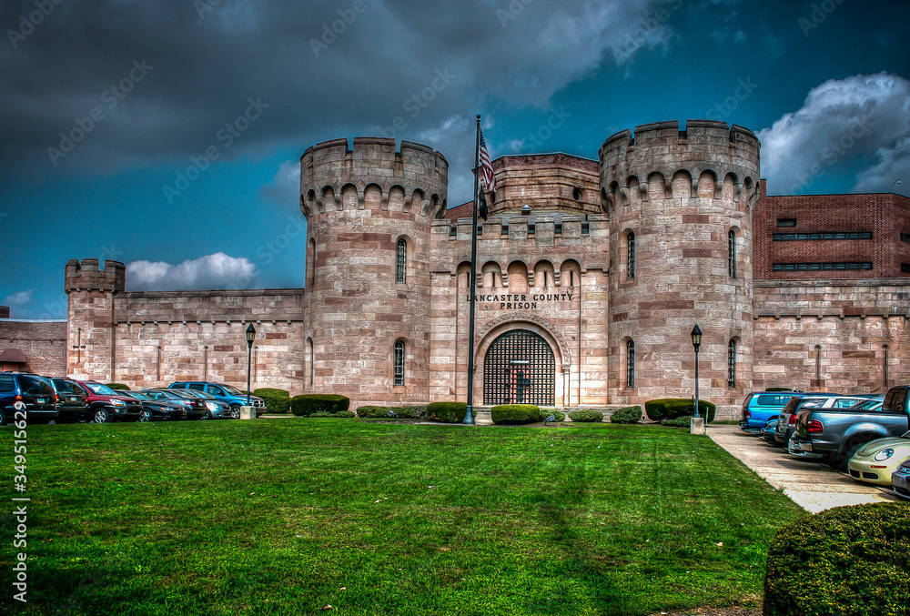 The Lancaster County Prison is distinctive in style with castle-like towers.