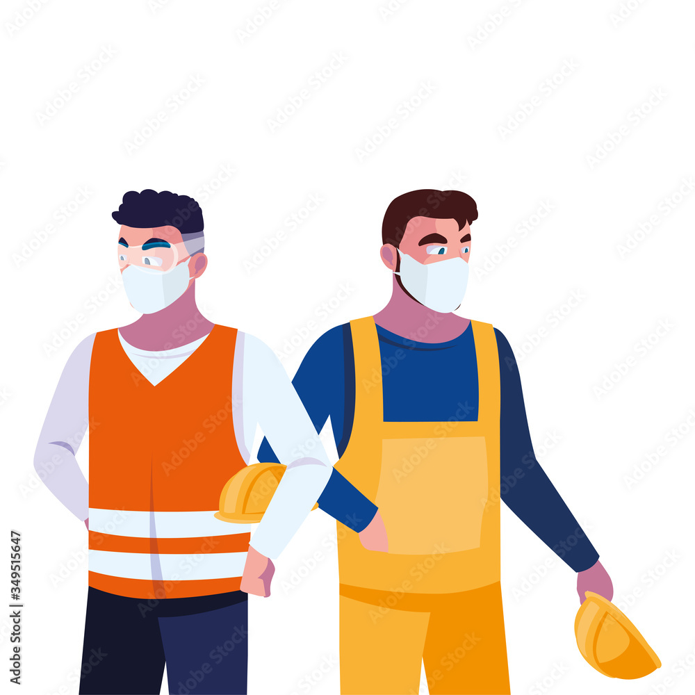 men operators with masks and reflective vests men operators with masks and reflective vests