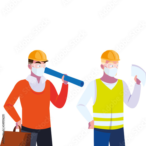 men engineer and operator with mask and helmet