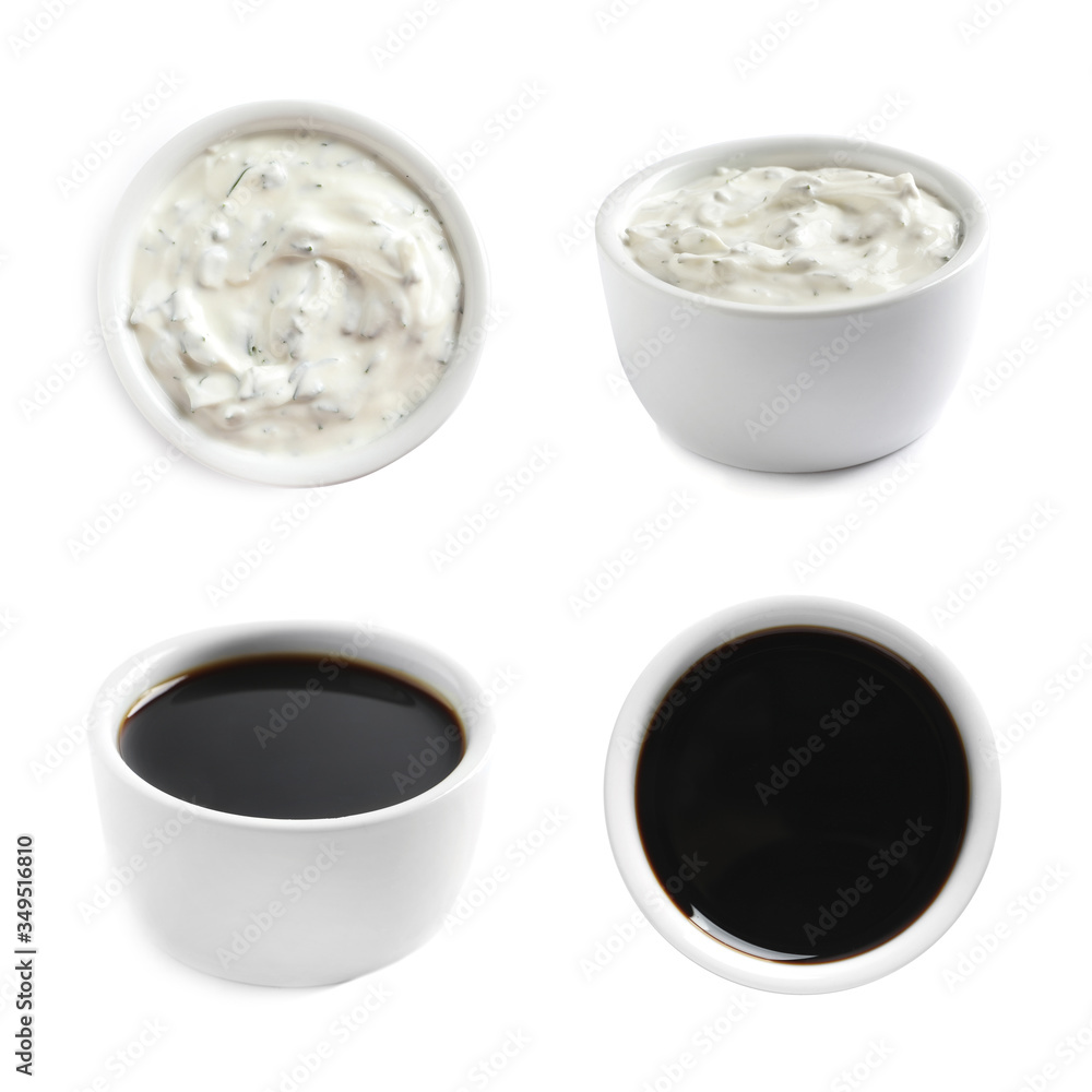 Set of different delicious sauces on white background Set of different delicious sauces on white background