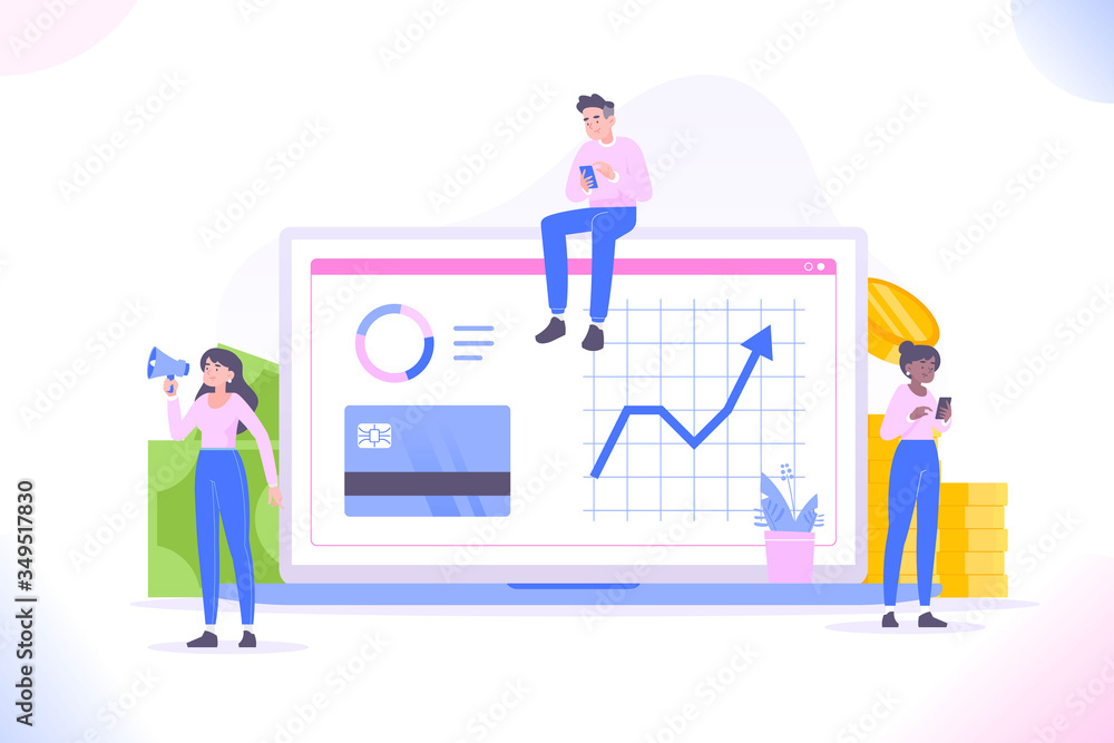 Financial management or financial research concept. Young people standing near huge laptop, charts and diagrams on screen. Money, credit card and pile of coins on background, vector illustration