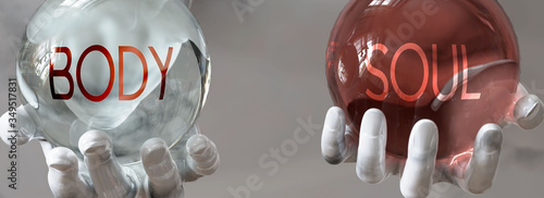 soul and body in a balanced life - pictured as words soul,body in hands to show that body and soul should stay in balance, 3d illustration