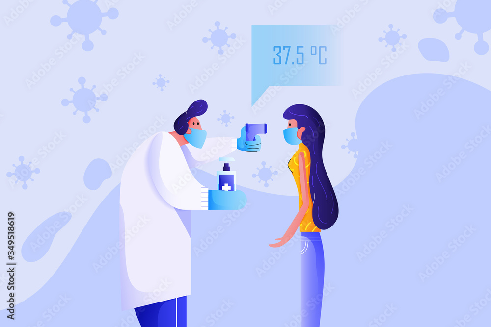 Obraz premium Doctor use infrared thermometer to measure body temperature of his patient and his right hand hold hand washing alcohol gel. Woman has normal body temperature. Screening for Covid-19 symptoms.