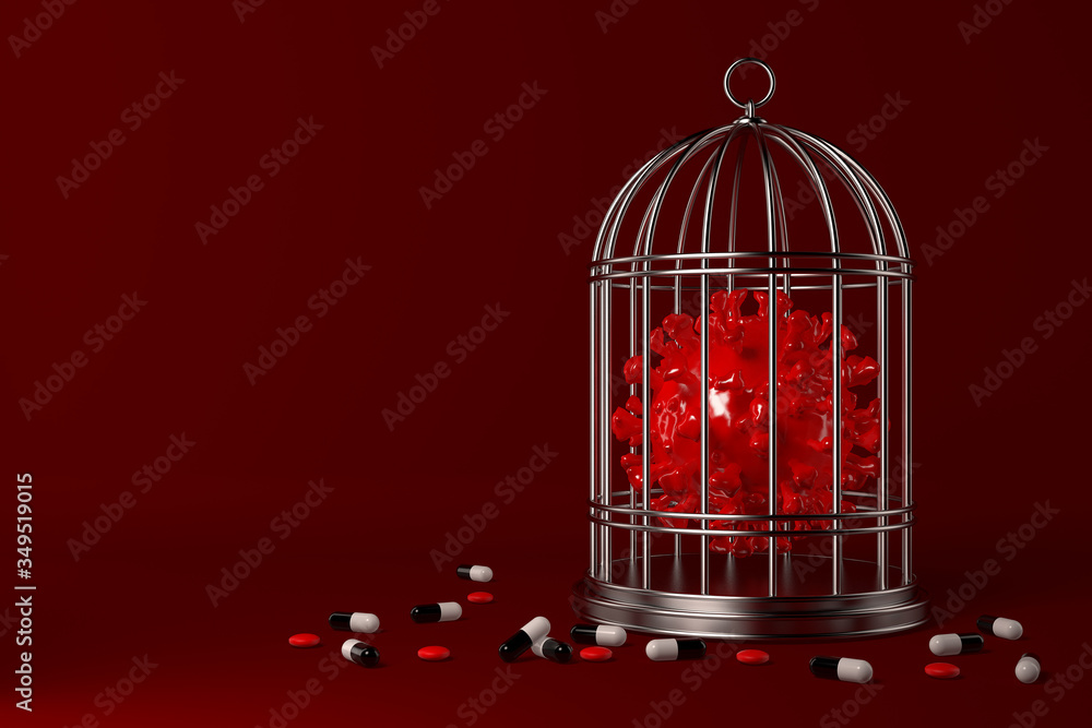 Creative 3d render illustration of a virus cell in a cage among tablets and capsules on a deep red background. Pandemic disease. Respiratory flu covid virus cells. COVID-19 Chinese coronavirus. 