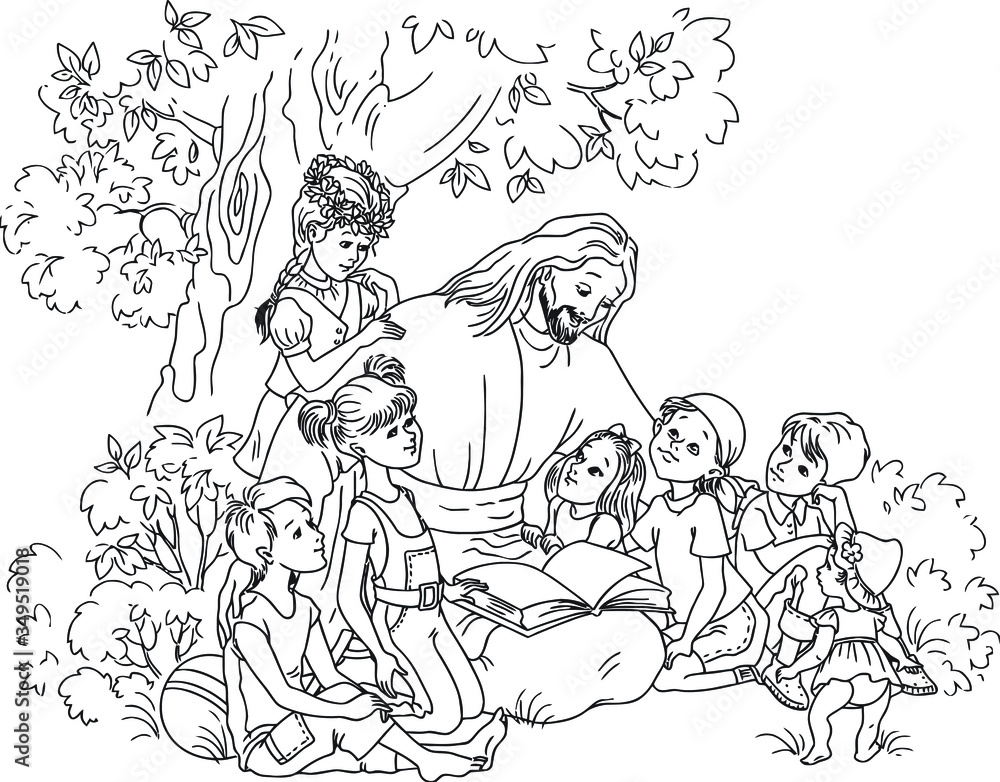Jesus reading the Bible with Children coloring page. 