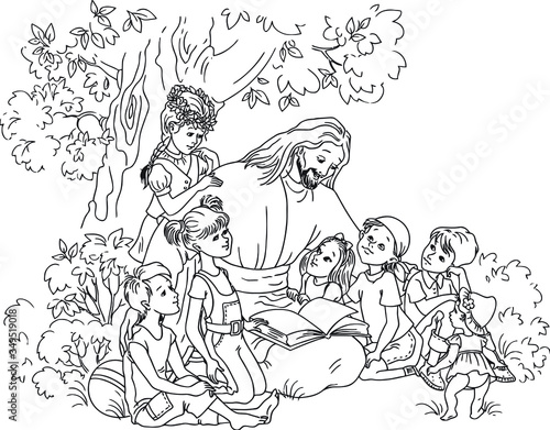 Jesus reading the Bible with Children coloring page. 
