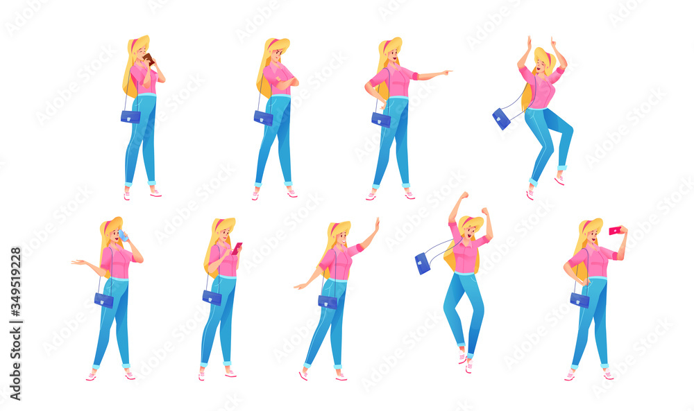 Vector cheerful young girl in jeans poses set