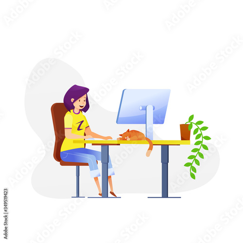 Vector female flat freelancer girl with cat