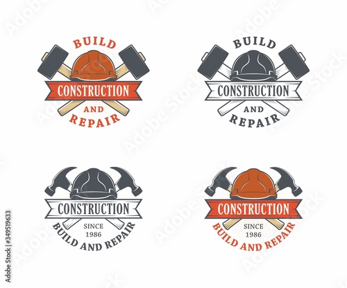 Set of color illustrations helmet, crossed hammers and ribbon with text on a white background. Vector illustration advertises construction and repair. Logo of a construction company