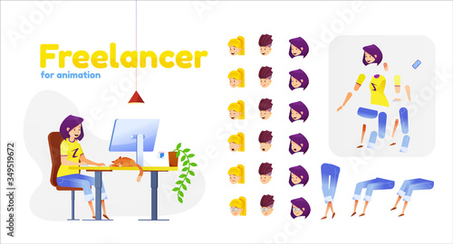 Vector female flat freelancer girl animation set