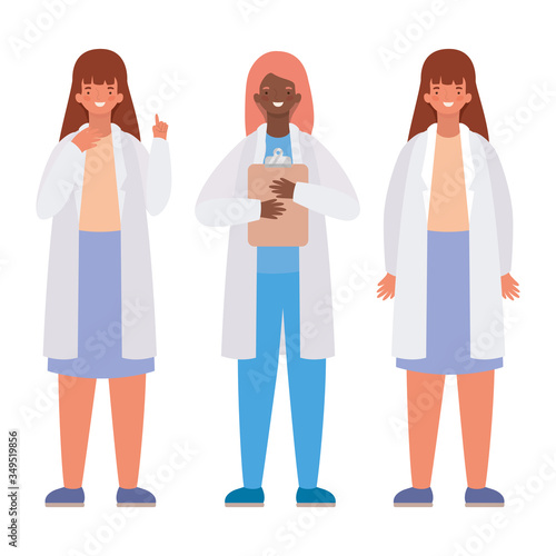 Women doctors with uniforms and medical history vector design