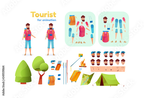 Vector cartoon hiker trekker tourist animation set