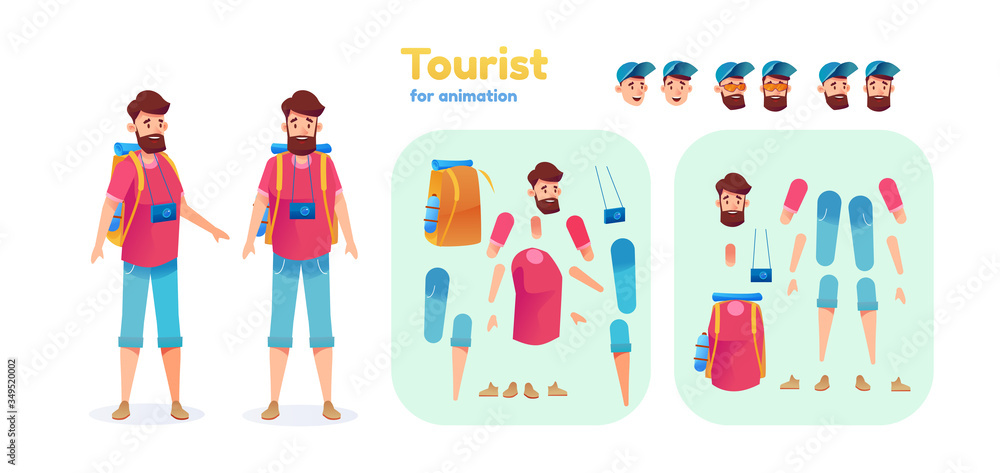 Vector cartoon hiker trekker tourist animation set