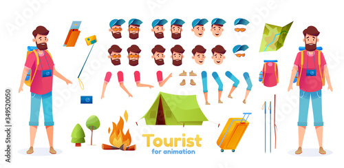 Vector cartoon hiker trekker tourist animation set