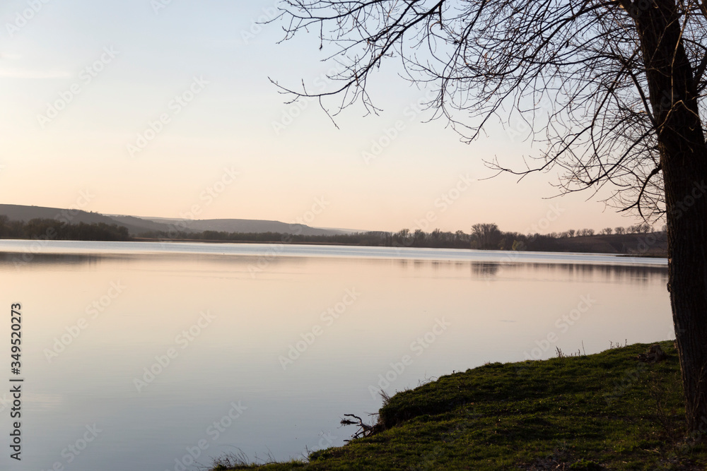 Evening dusk over the lake at sunset.