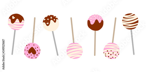 Vector set of cake pops with different tastes. Isolated on white. Strawberry, chocolate and vanilla tastes. Sweets illustration. Dessert set. Cartoon style.