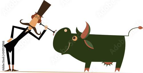 Veterinarian and cow illustration. Funny long mustache man in the top hat is examining a smiling cow by endoscope isolated on white
